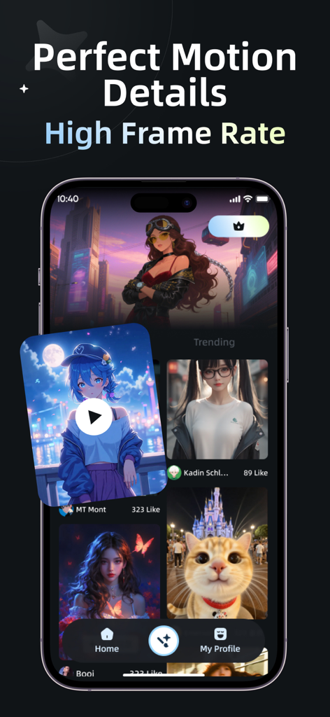 AI Video：AI Video Generator - AI動画ジェネレーターアプリのインターフェイス。高フレームレートのモーションディテールを備えたトレンドのAIアニメーションを表示。
