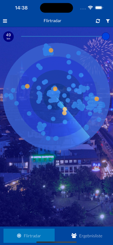 Interface of the Fischkopf dating app showing the Flirtradar feature with nearby users mapped on a radar screen.