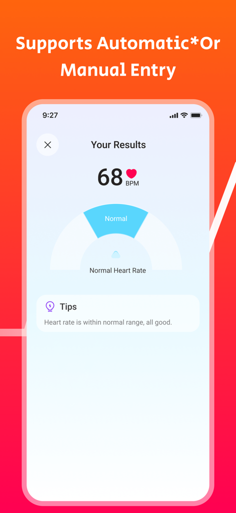 Health Metrics: BP Tracker - Pantalla de resultados de frecuencia cardíaca que muestra una medición normal de 68 BPM con un consejo de salud en la aplicación Health Metrics