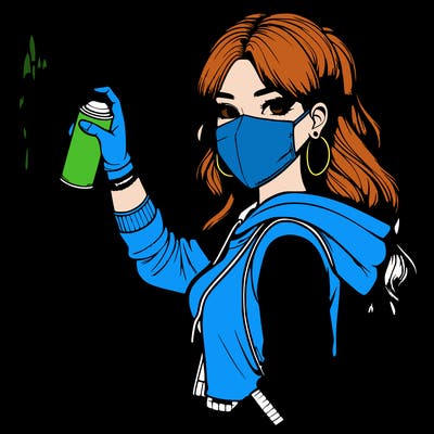 realistic girl with mask spray painting a wall