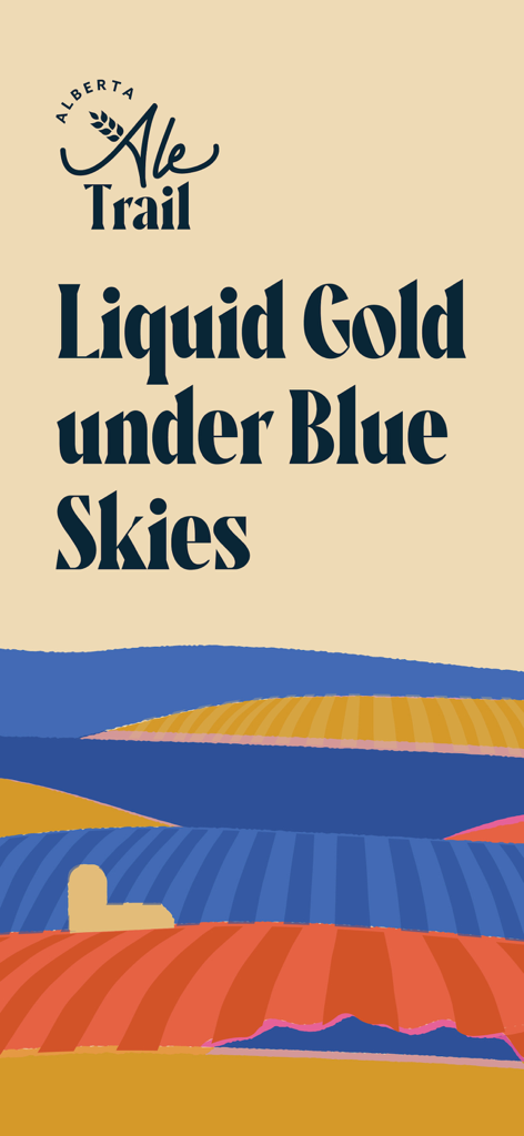 Alberta Ale Trail app welcome screen with the slogan Liquid Gold under Blue Skies above a colorful stylized landscape illustration.