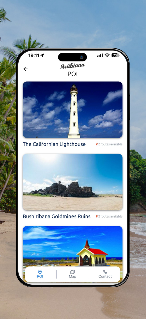 Arubiana - Arubiana app screen showing sightseeing locations in Aruba like the Californian Lighthouse and Bushiribana Goldmines