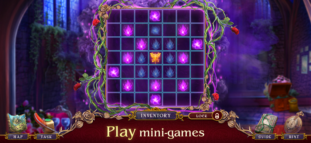 Cursed Fables 4: Find Objects - Un mini-juego de acertijo de cuadrícula mágica en Cursed Fables 4 con llamas púrpuras y azules brillantes