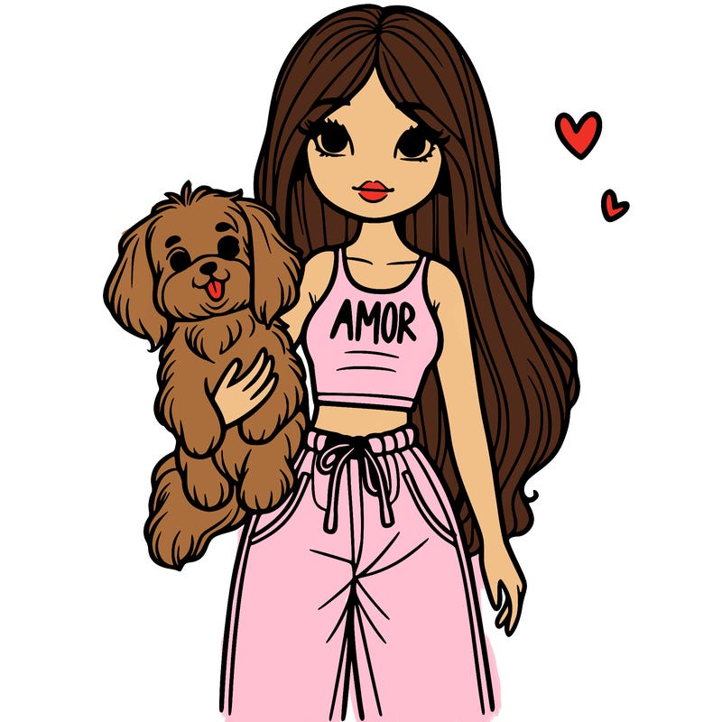 beautiful girl holding a dog with straight hair in a crop top that says amor with baggy pants