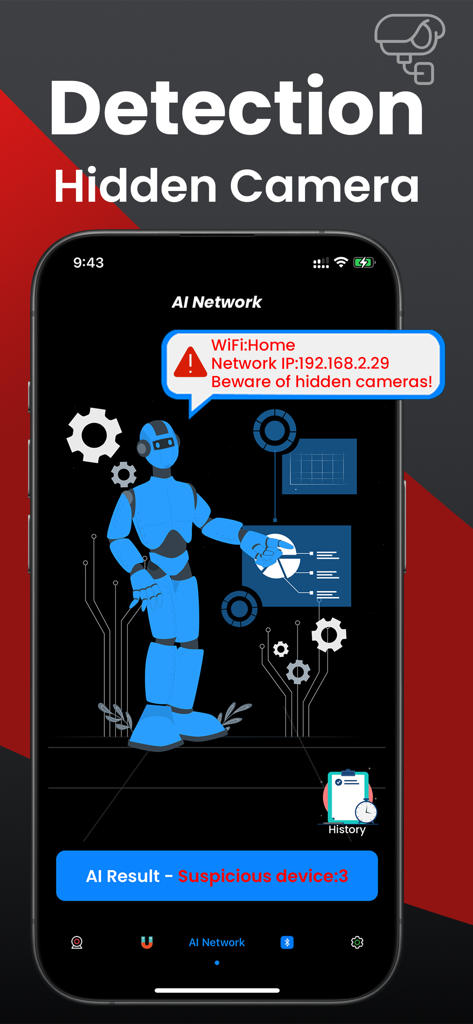 AI Hidden Camera: Privacy Safe - AI Hidden Camera app interface showing a WiFi network scan that detected three suspicious devices with a warning message to beware of hidden cameras.