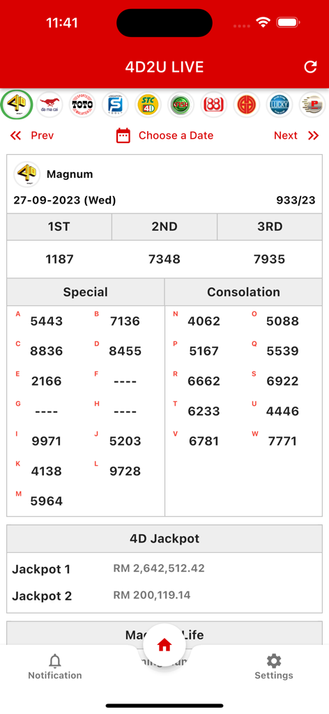 Interface of 4D2U Live app displaying Magnum 4D lottery results and jackpot prize amounts