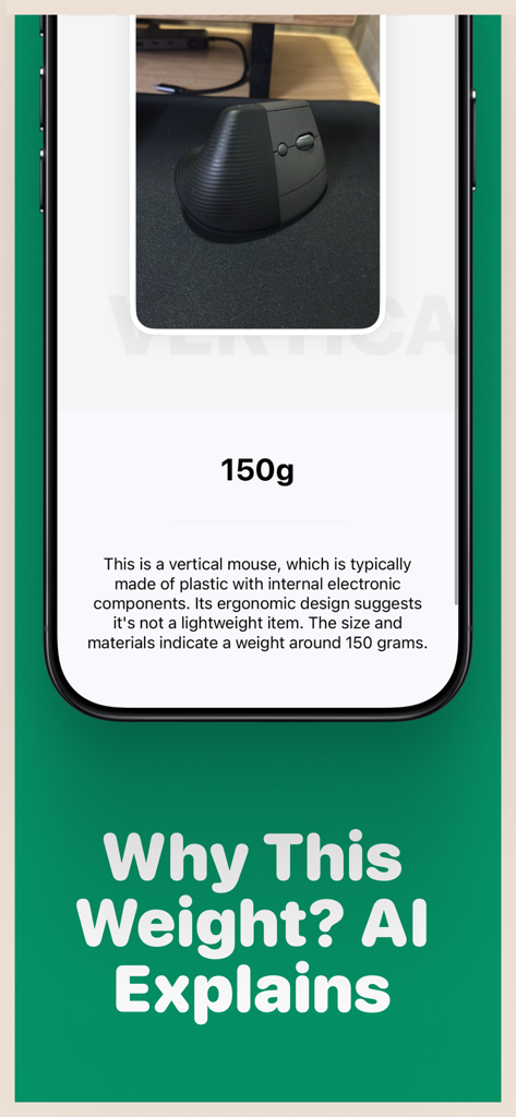 TouchScale: Scale For Grams - TouchScale app interface showing an AI explanation for the 150 gram weight estimation of a vertical mouse.