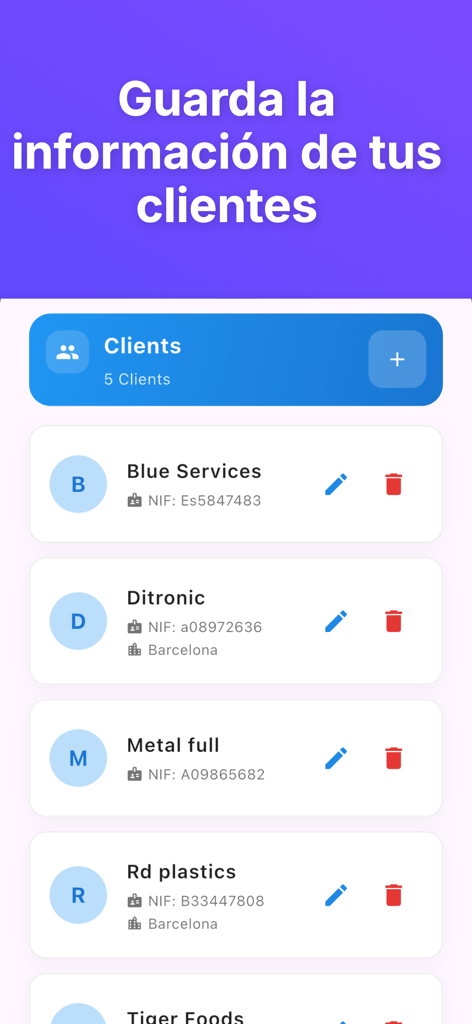 WorkTime: Hours Tracker Log - Una interfaz de aplicación móvil que muestra una lista de clientes comerciales con sus nombres y números de identificación fiscal