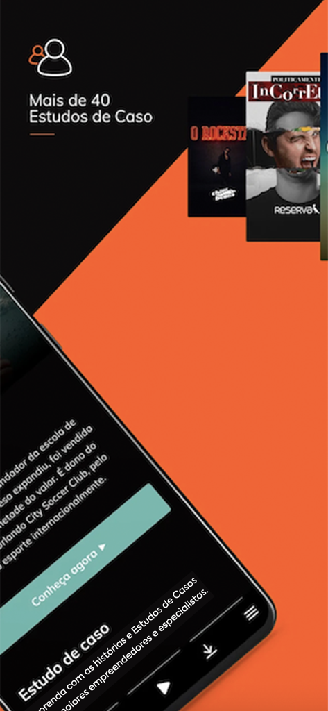 Interface do aplicativo apresentando estudos de caso empreendedores e histórias de sucesso