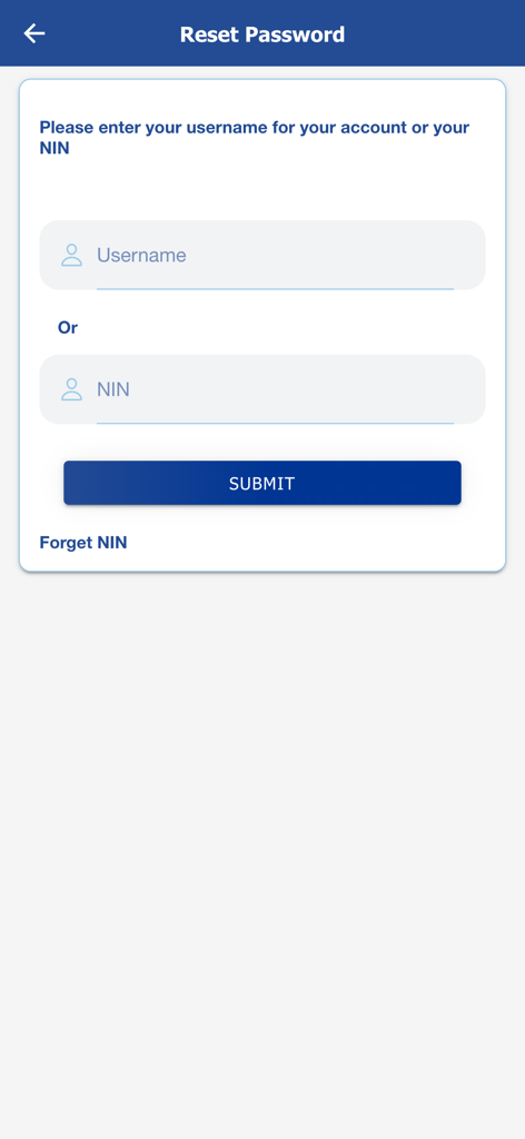 Reset password screen of the Edaa app with input fields for username and National Investor Number