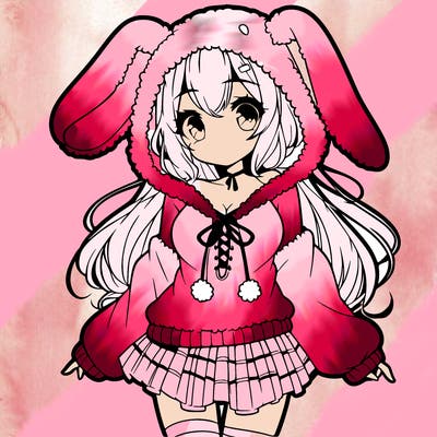 pretty anime girl wearing a fluffy hoodie with bunny ears on the hood and a skirt