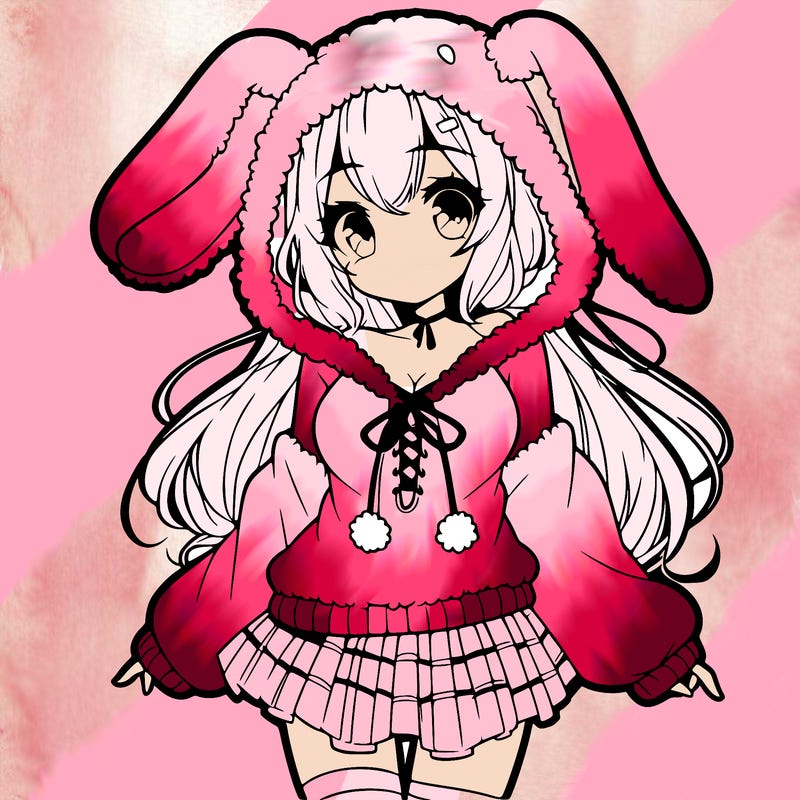 pretty anime girl wearing a fluffy hoodie with bunny ears on the hood and a skirt