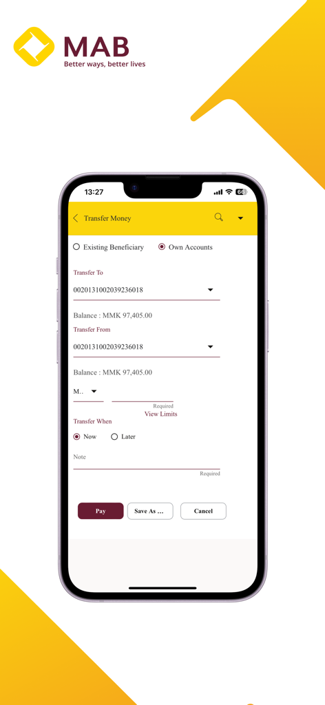 MAB iBanking - MAB iBanking app money transfer interface on a mobile phone