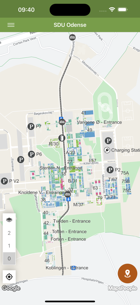 SDU Maps - SDU Maps Navigationsinterface mit einer Karte des Campus Odense inklusive Parkplätzen und Eingängen