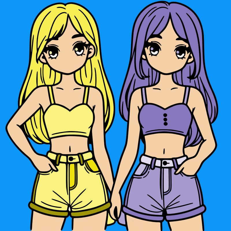 two sisters with crop tops and jean shorts and straight hair