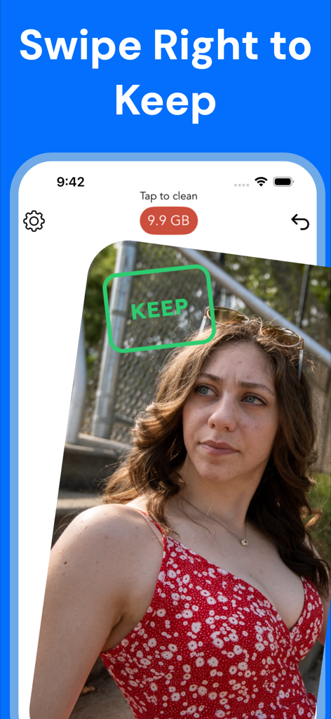 Una captura de pantalla de la aplicación Slider que muestra la función de deslizar a la derecha para conservar fotos para la gestión del almacenamiento