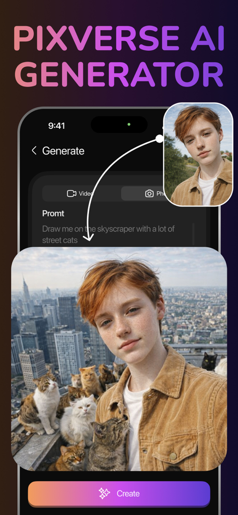 PixVerse - AI Video Generator. - Interface of the PixVerse app showing an AI generated image of a person surrounded by cats on a skyscraper based on a text prompt