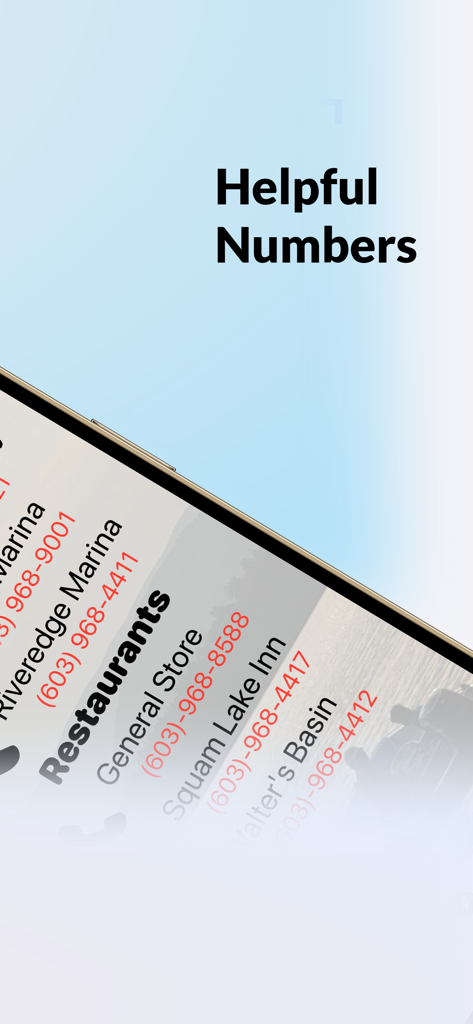 Una captura de pantalla de la aplicación Mapa del Lago Squam que muestra un directorio de números de teléfono útiles para marinas locales y restaurantes alrededor del Lago Squam