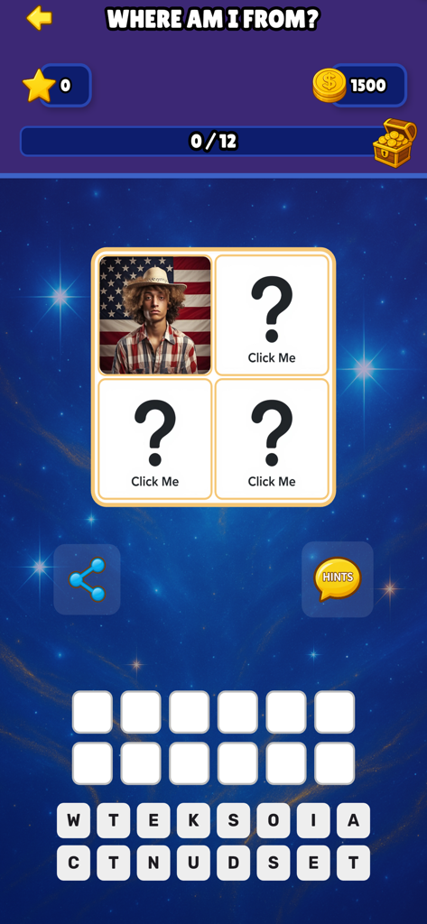 Quiz: What Country Am I From? - Gameplay screen of the Where Am I From quiz showing a man in a cowboy hat with a US flag