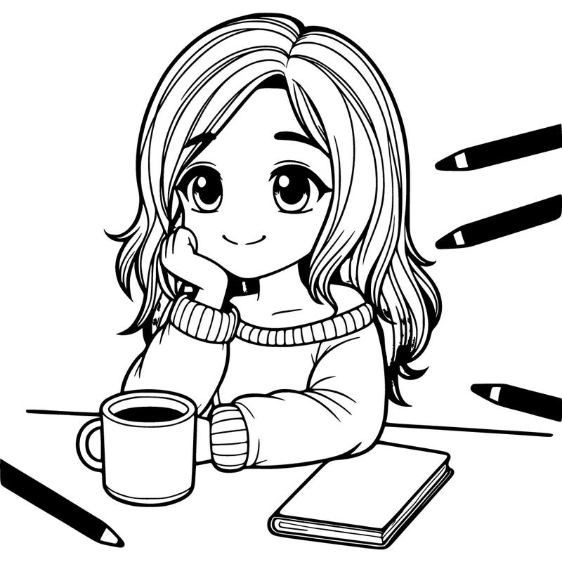 a realistic girl at a table with coffee