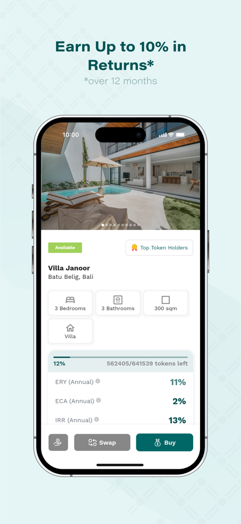 GORO mobile app displaying a fractional investment opportunity for a luxury villa in Bali with 10 percent annual returns.