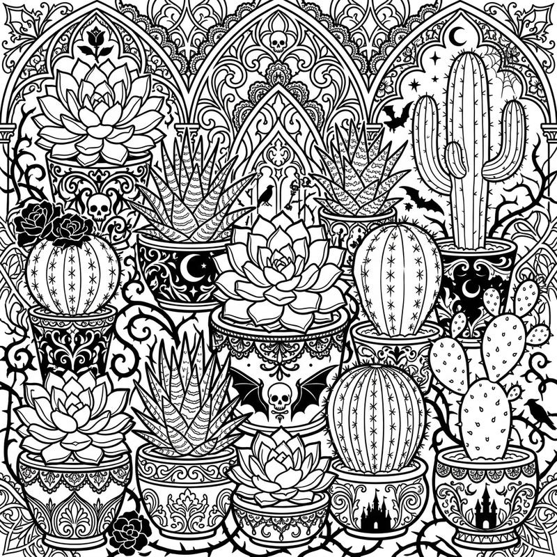Unleash your creativity with this unique Gothic succulent and cacti coloring page. Featuring intricate details and a dark botanical charm, it promises hours of engaging artistic exploration.