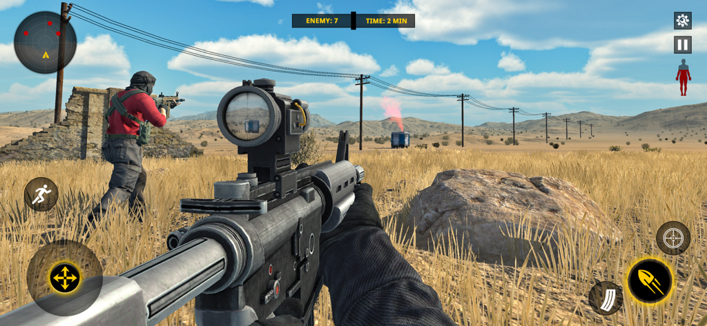 First person shooter gameplay showing a tactical mission in a desert environment with an assault rifle