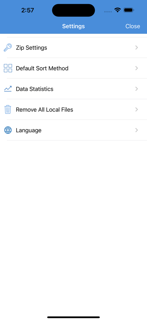 iZip Pro -Zip Unzip Unrar Tool - El menú de configuración de la aplicación iZip Pro mostrando opciones de compresión y gestión de archivos