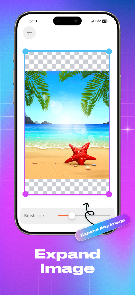 Photo Removerアプリのインターフェース。ビーチ写真でAI拡張画像機能が表示されている。