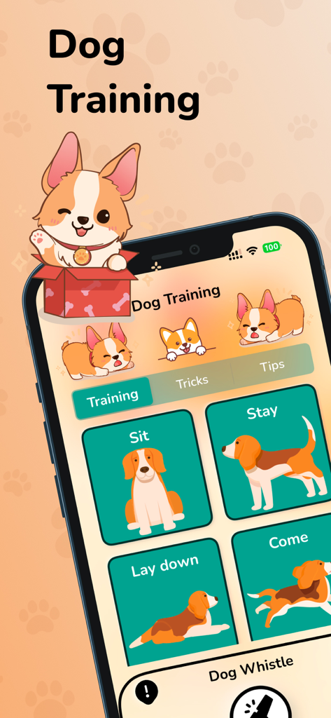 Dog bark translator sound walk - Mobile app screen showing dog training commands like sit, stay, and lay down with cute illustrations.