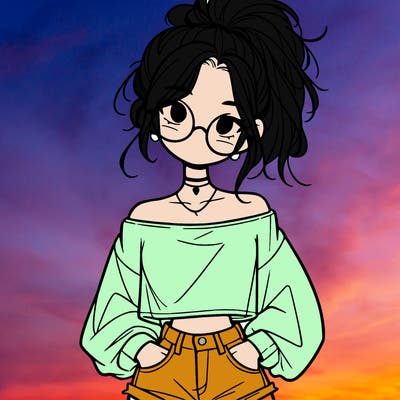 girl with a messy ponytail glasses a baggy crop top and jean shorts