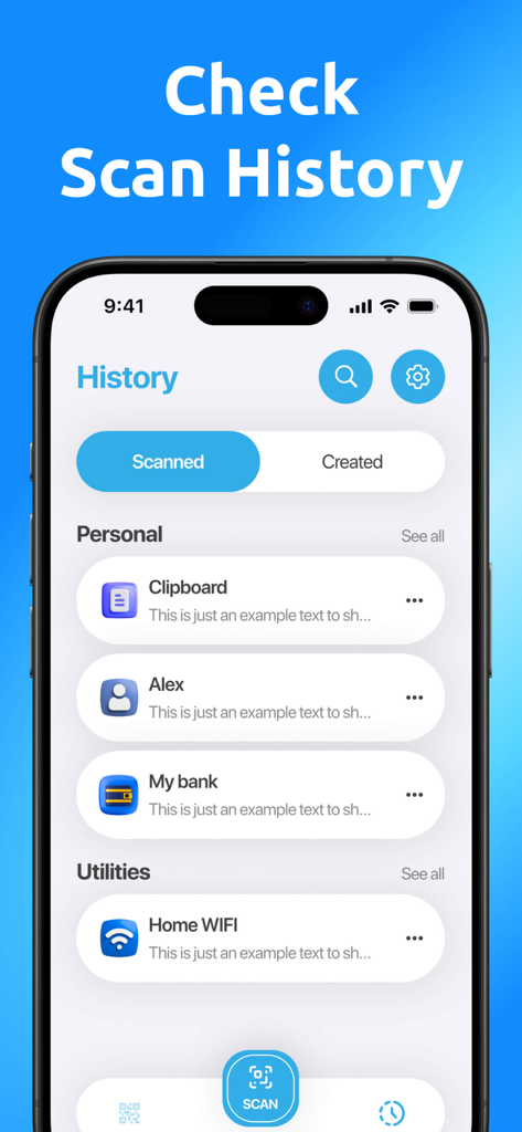 QR Code Generator Pro‎ - Scanverlauf-Bildschirm in der QR Code Generator Pro-App, der organisierte Code-Kategorien anzeigt