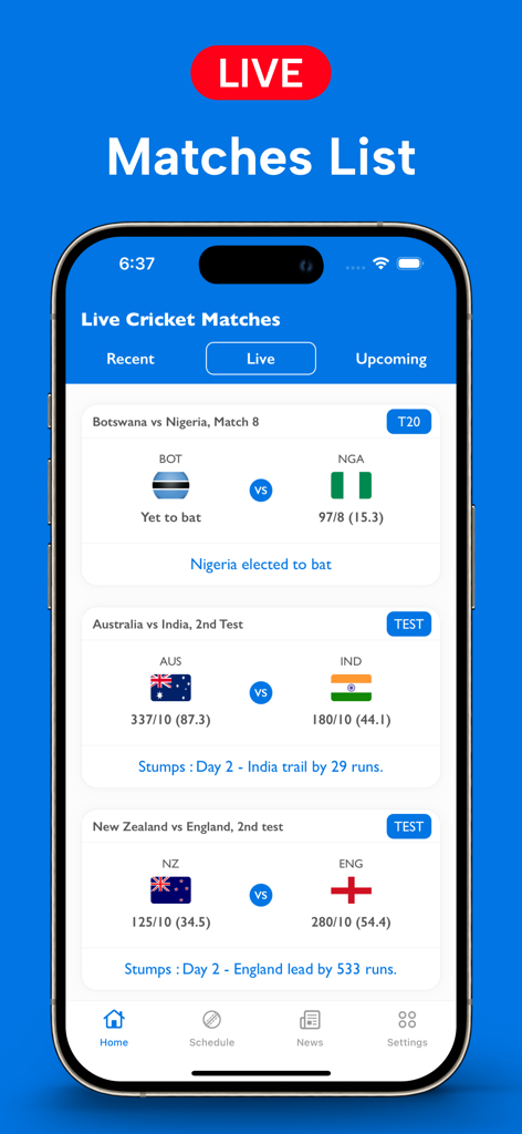 Live Cricket TV - Mobile App-Bildschirm, der eine Liste von Live-Cricketspielen mit Echtzeit-Ergebnissen anzeigt