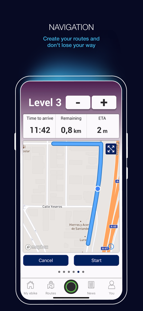 My SmartBike - My SmartBike app navigation screen displaying a map with a planned route and trip statistics