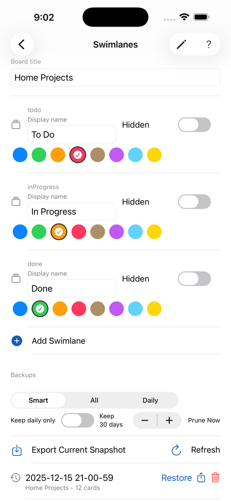 My Task Board - To Do Tracker - Oberfläche zur Anpassung von Swimlanes und zur Verwaltung von Backups in der My Task Board App