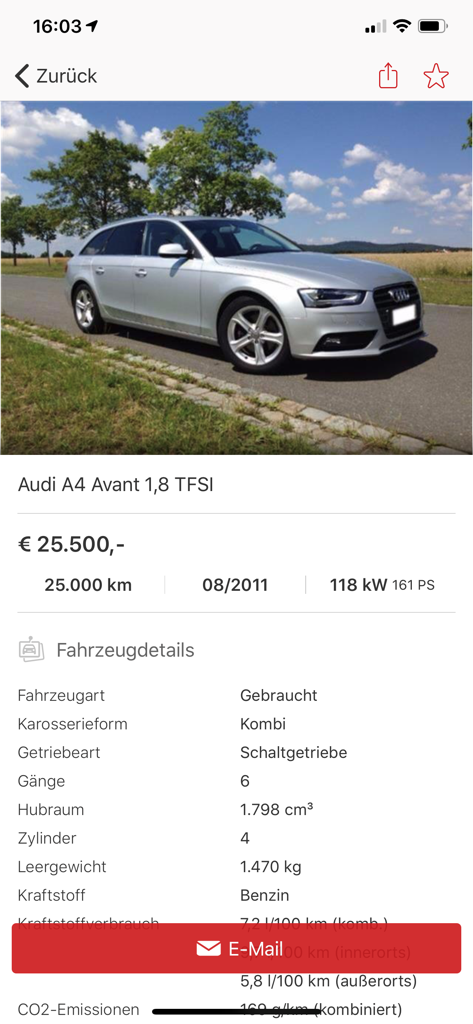 Anuncio de coche de segunda mano para un Audi A4 Avant que muestra los detalles del vehículo y el precio en la app gebrauchtwagen.at