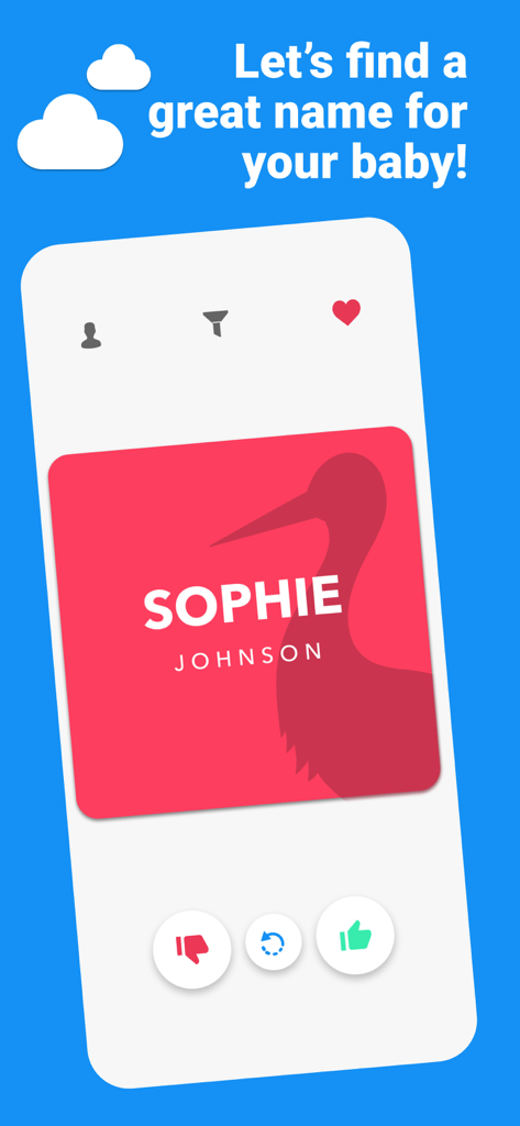 Kinder - Find Baby Names - Interface of the Kinder app showing a baby name card for Sophie with swipe left and right buttons.