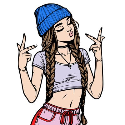 realistic teenage girl with braids and a beanie and crop top doing 🫶🏼