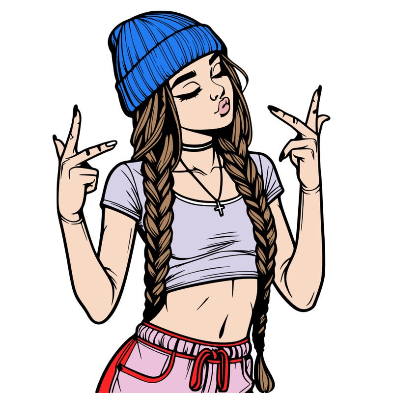 realistic teenage girl with braids and a beanie and crop top doing 🫶🏼