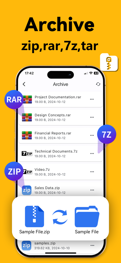 RAR & Zip Extractor - AS Unzip - Mobile App-Oberfläche, die verschiedene archivierte Dateiformate anzeigt, einschließlich zip, rar und 7z