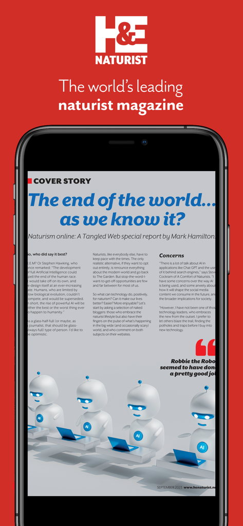 H and E Naturist app article about naturism online shown on a phone screen