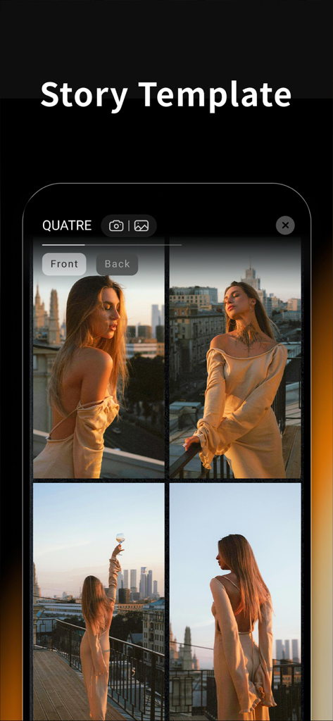 OldRoll app screenshot showing a four-photo story template with a vintage film aesthetic