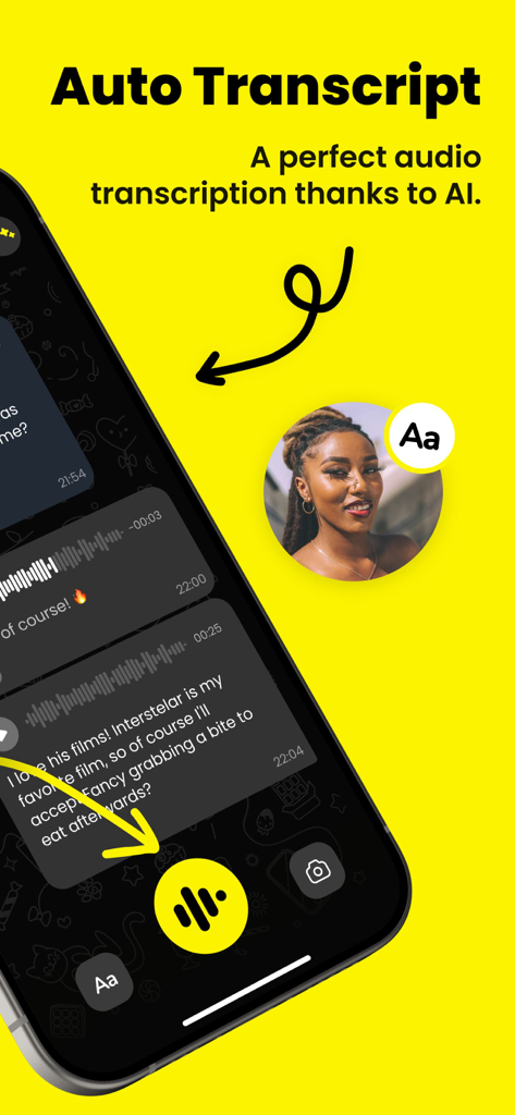 Vocalz: AI Voice Messenger - Vocalz 앱 인터페이스, 음성 메시지의 자동 AI 받아쓰기 텍스트 표시
