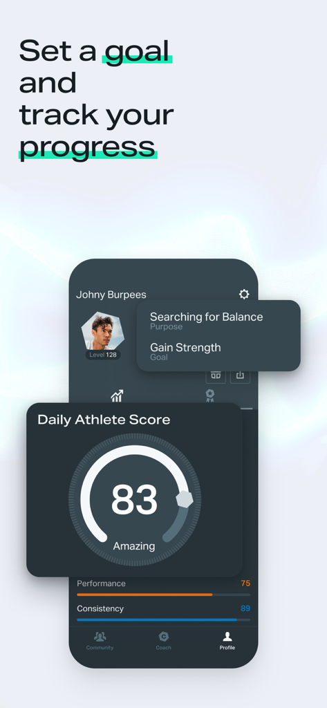 Freeletics app user profile showing daily athlete score and goal tracking progress