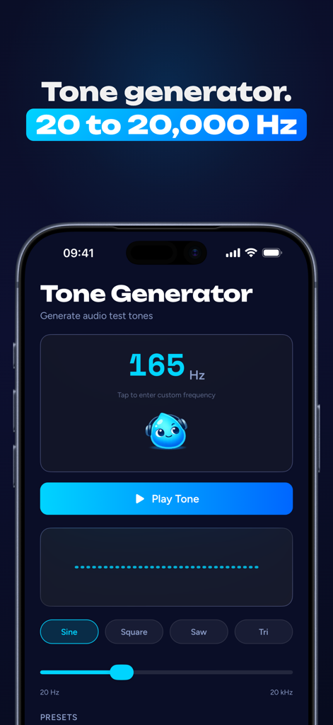 Drip Speaker Cleaner Water Fix - Interface of the Tone Generator feature in the Drip app showing a frequency of 165 Hertz and various waveform options