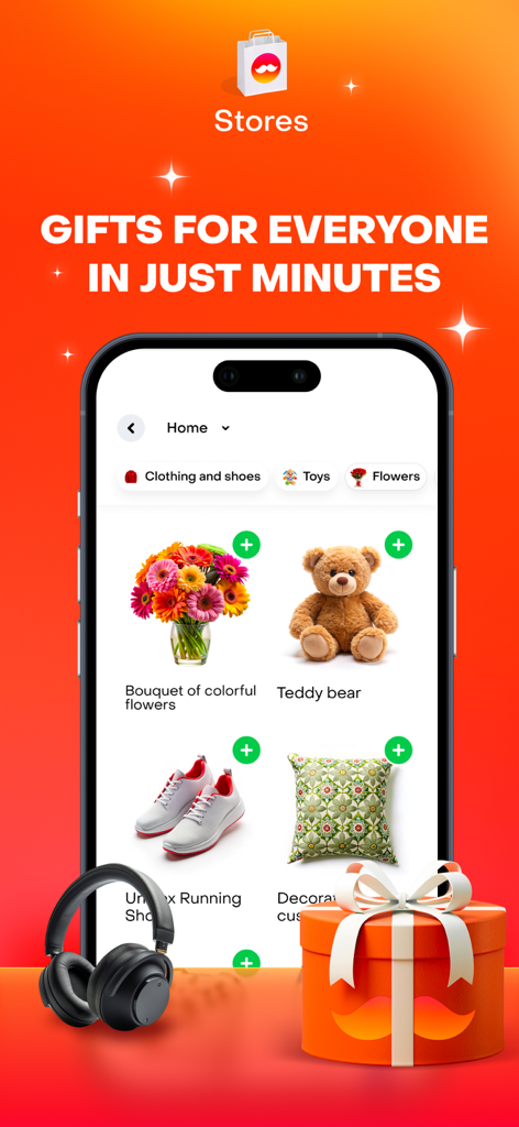 Rappi - Deliveries in Minutes - Rappi mobile app interface displaying gift options like flowers, toys, and shoes for fast delivery.