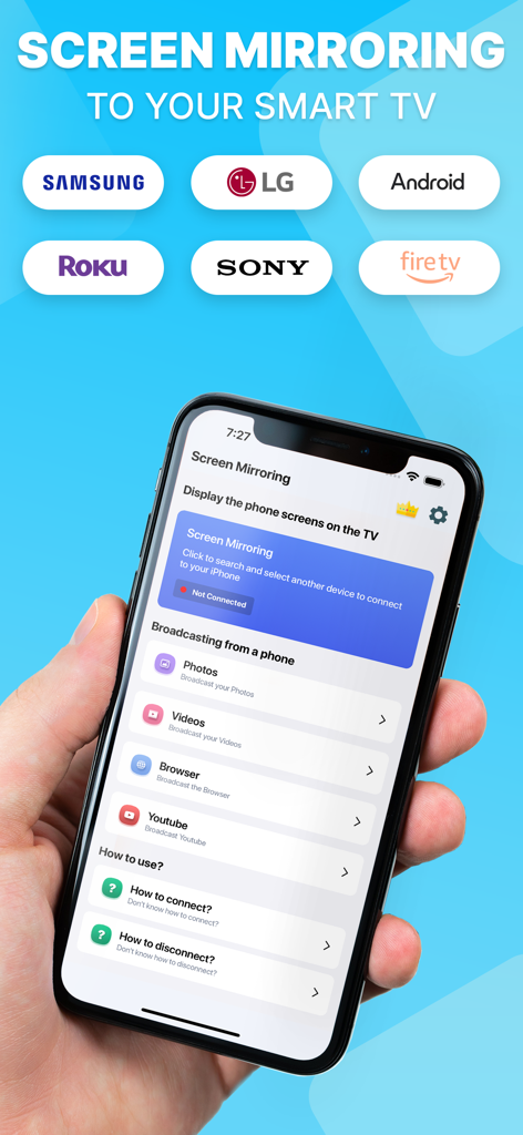 iPhone affichant l'interface de l'application TV Cast avec des options pour dupliquer l'écran et diffuser des photos ou des vidéos vers des marques comme Samsung, LG et Roku