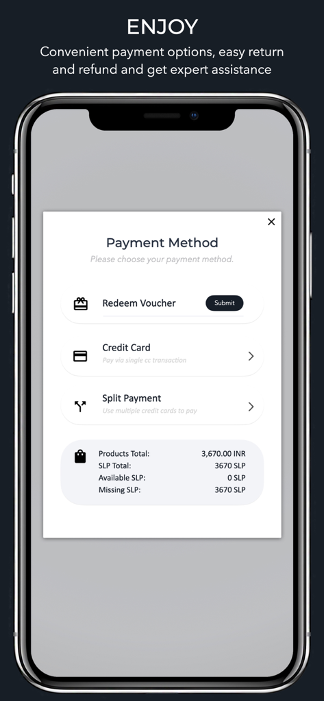 Smazing Marketplace - Smazing Marketplace app interface showing various payment methods including credit card split payment and loyalty points