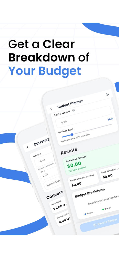 Budget and Financial Planner - Budget and Financial Planner app interface showing budget breakdown and currency converter screens