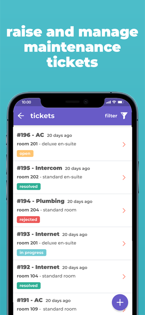 Cove Property Management App - A mobile app screen displaying a list of maintenance tickets with statuses such as open resolved and in progress for property management.